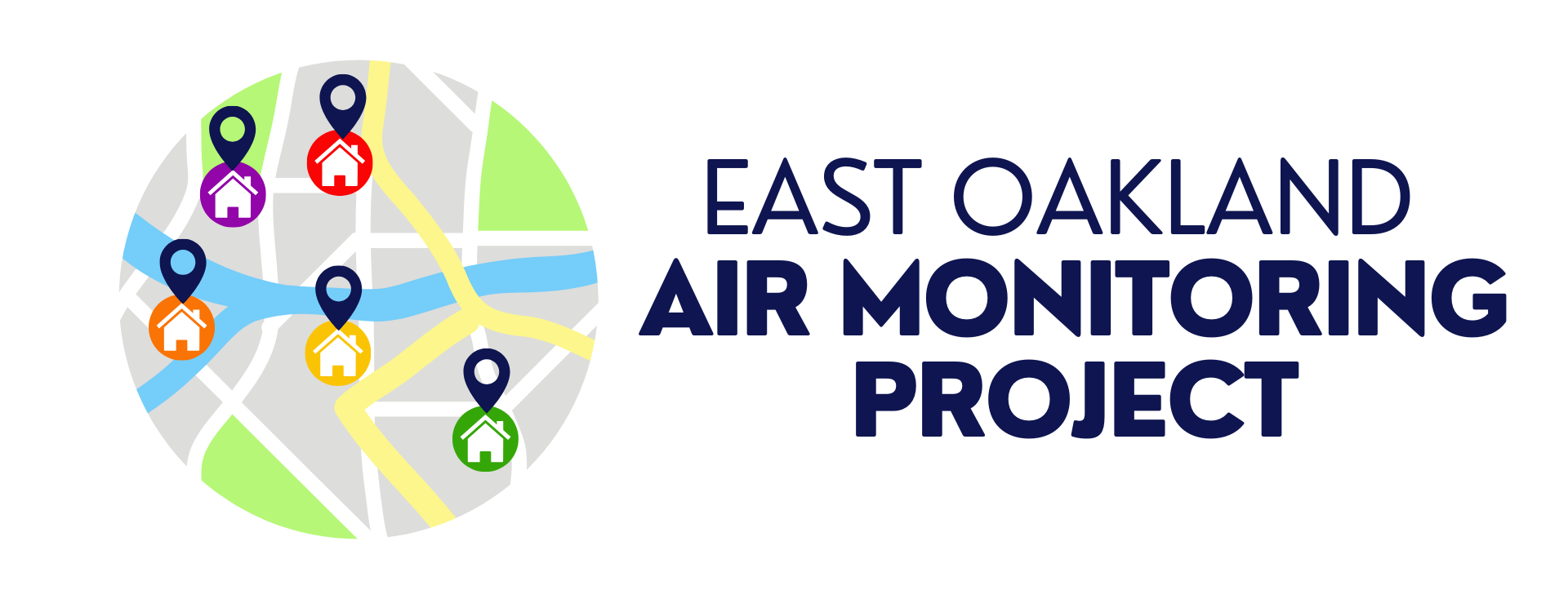 East Oakland Air Monitoring Project logo with stylized street map and house icons