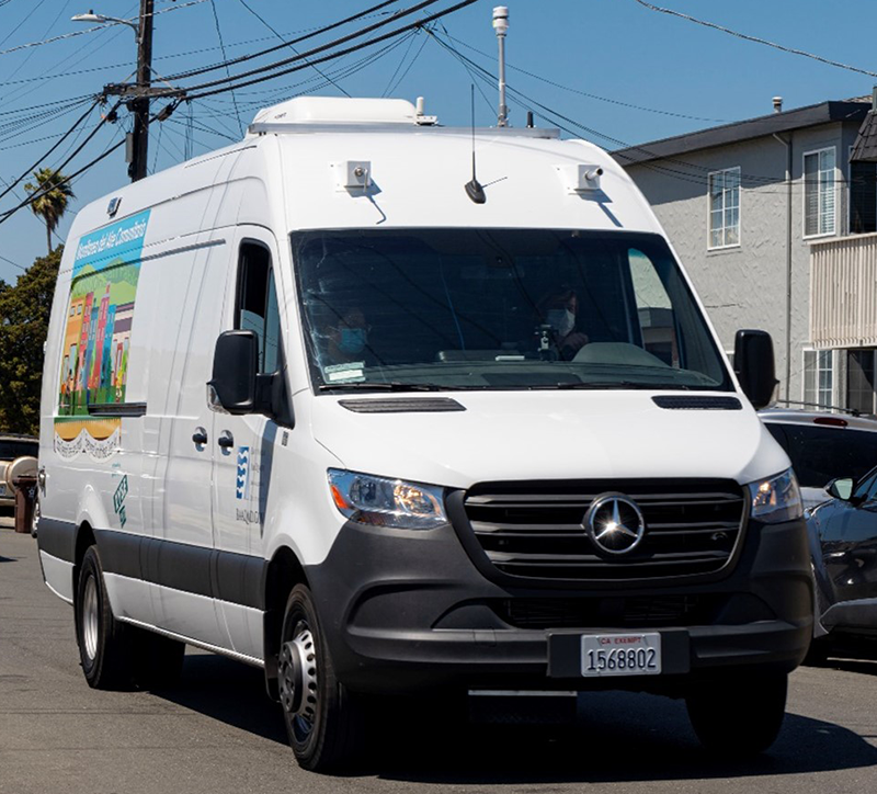 Photograph of air monitoring equipment inside mobile air monitoring van