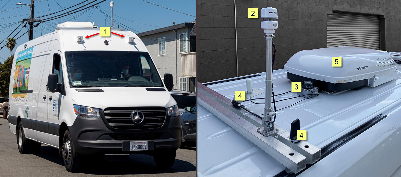 Photograph of Air District's Investigations Mobile Air Monitoring Van and detail of roof equipment